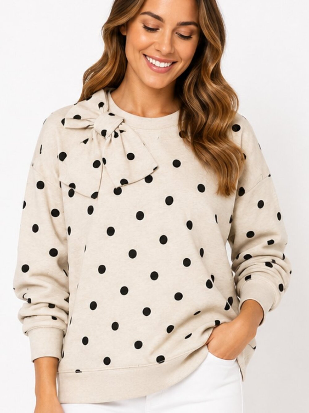 Kate Spade Polka Dot Bow Sweatshirt Small Cream Black Oversized Preppy Chic